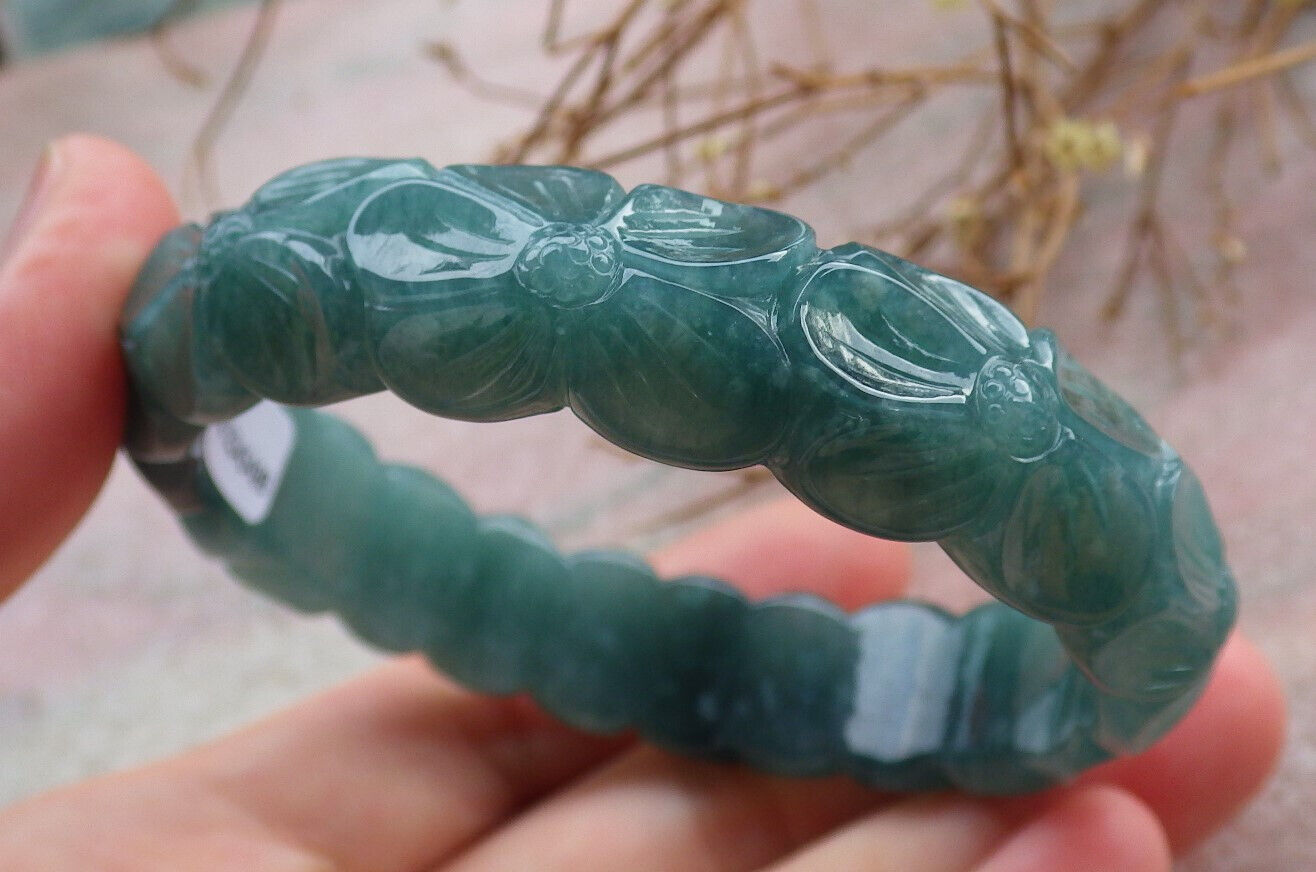 Certified Icy Green Burma 100% Natural A JADE Jadeite Flower Bangle Bracelet 58 mm 635488  TN
