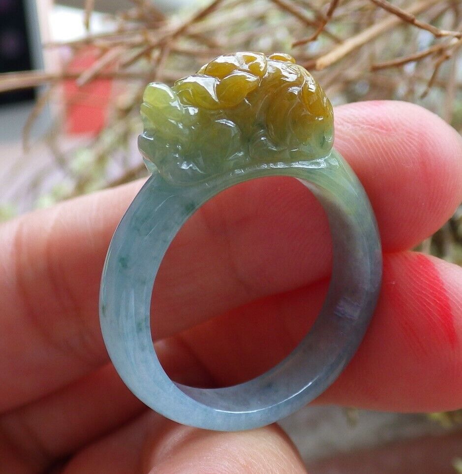 Certified Icy Yellow Green 100% Natural A JADE Jadeite Dragon Pi Xiu RING USA. 9.25 戒指 523823  TN
