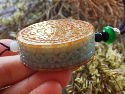 Certified Brown Red Green 100% Natural A Jade jadeite Pendant Dragon Phoenix Longevity Ruyi Necklace 龙凤 524084  tn