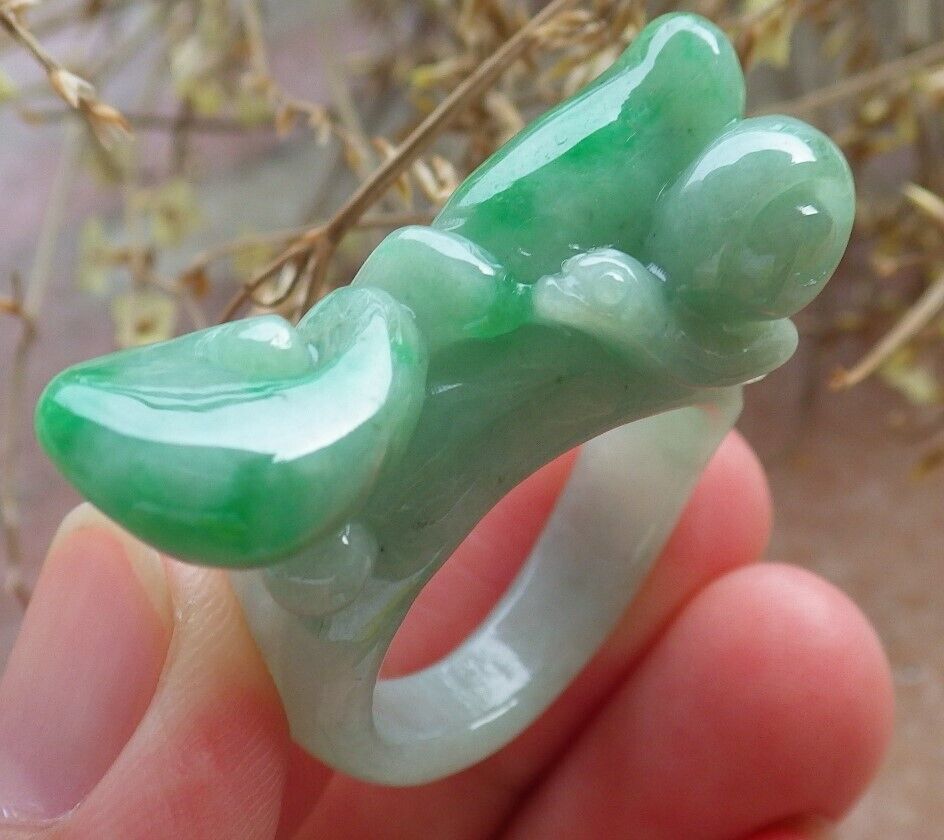 Certified Green Burma 100% Natural A JADE Jadeite Snails Ruyi RING USA. 10.25 花戒指 575124 TN