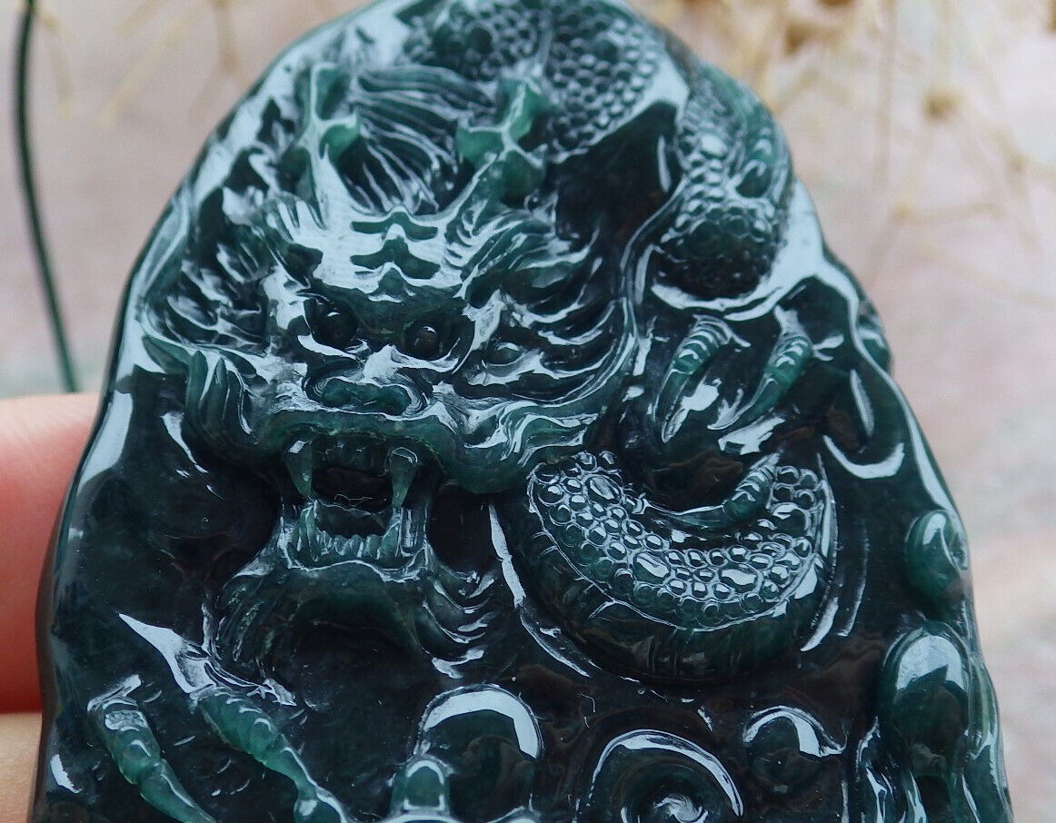 Certified Icy Blue Water Green Burma 100% Natural A Jade jadeite Pendant Dragon Bead Necklace 生意兴隆 636290  TN