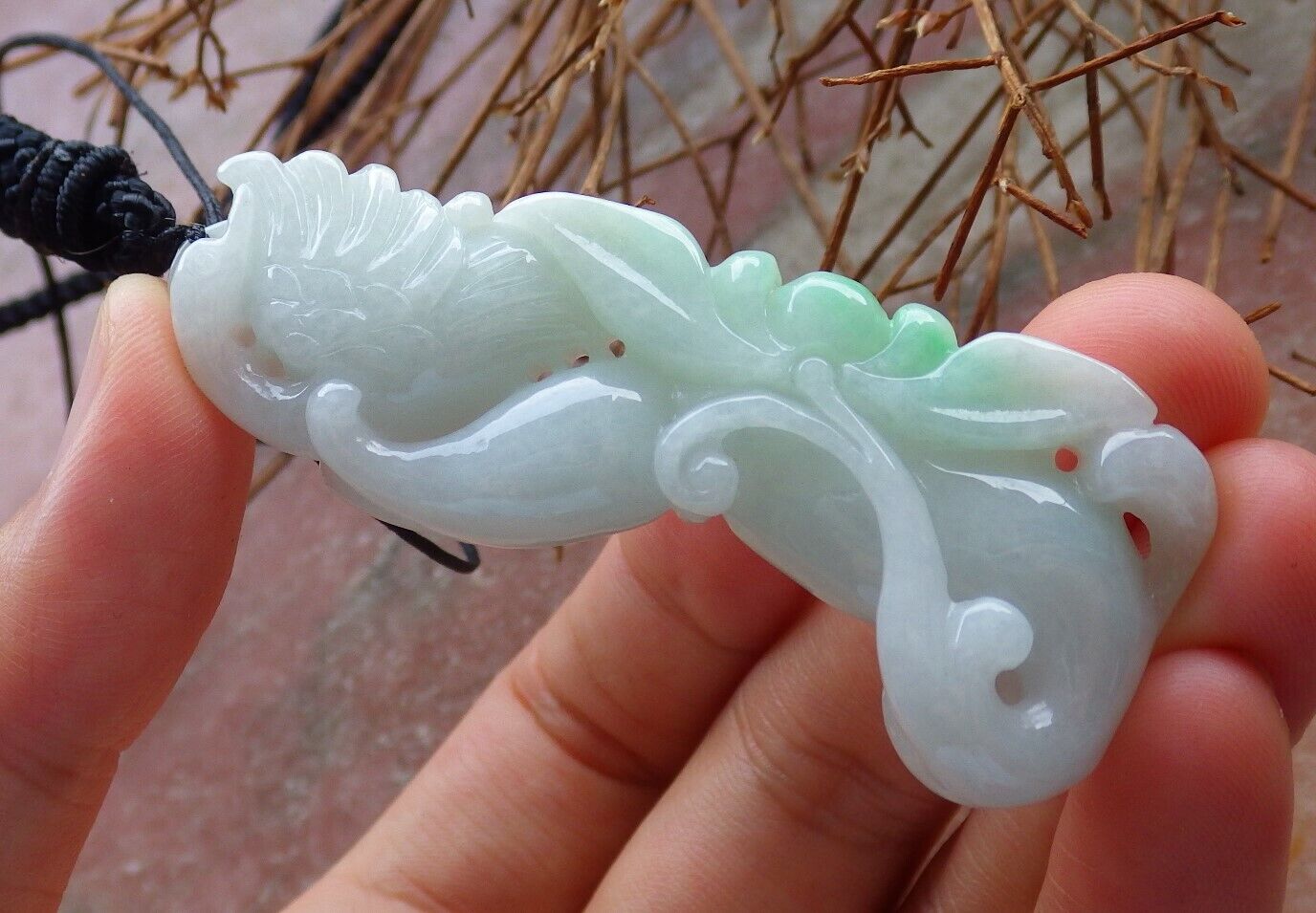 Certified Green 100% Natural A Jade jadeite Pendant Phoenix Lotus Flower Necklace 凤凰 528814  TN