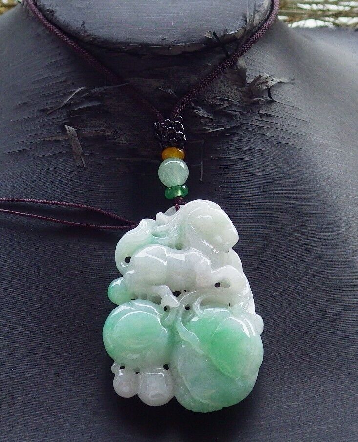 Certified Green Burma 100% Natural A Jade jadeite Pendant Horse Peach Coin Necklace 马到功成 574026 TN