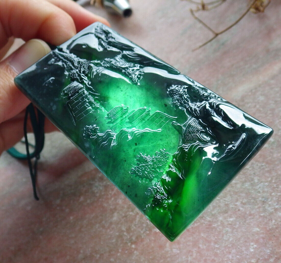 Atestita Glacia Blua Akvo Birmo 100% Natura A Jadejadeito Pendilo Pejzaĝa Pentrado Arba Koliero 山水画 634462 TN