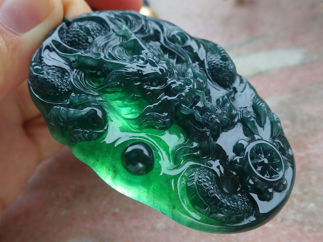 Certified Icy Blue Water Green Burma 100% Natural A Jade jadeite Pendant Dragon Bead Necklace 生意兴隆 636309  TN