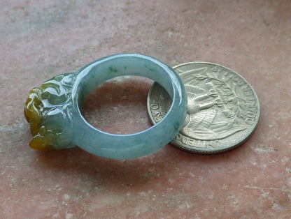 Certified Icy Yellow Green 100% Natural A JADE Jadeite Dragon Pi Xiu RING USA. 9 戒指 523749  TN