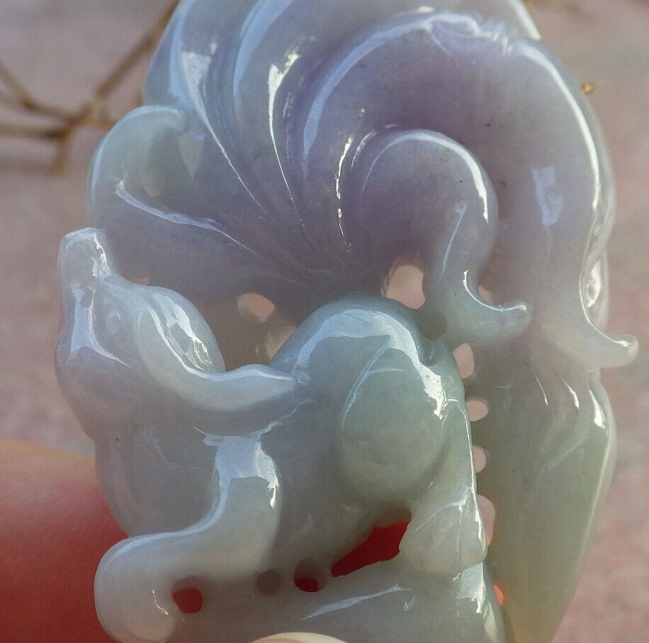 Certified Lavender Green Burma 100% Natural A Jade jadeite Pendant Fox Lotus Necklace 狐狸 634293  TN