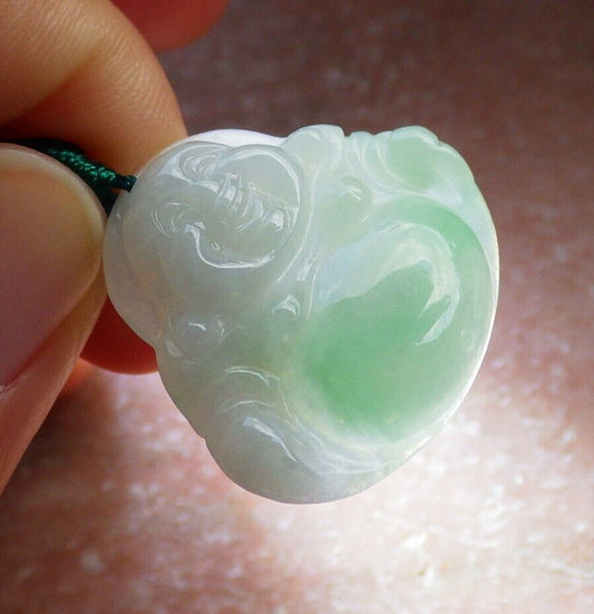 Certified Icy Green 100% Natural A Jade jadeite pendant Happy Buddha God Necklace 开心佛 524358  TN