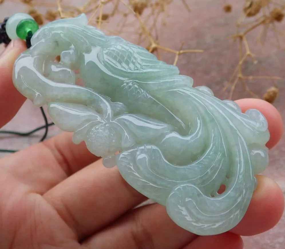 Certified Green Burma 100% Natural A Jade jadeite Pendant Phoenix Lotus Flower Necklace 凤凰 636743  TN