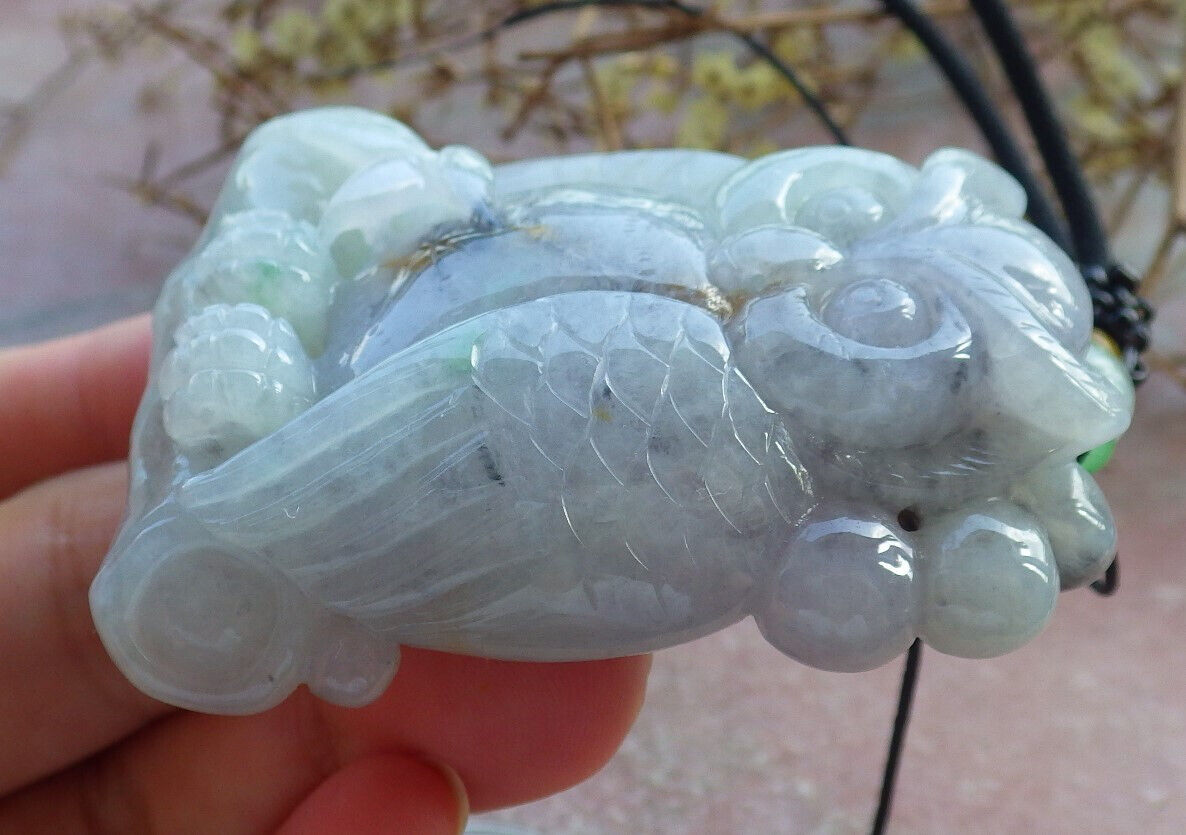 Certified Green Yellow Pale Lavender Burma 100% Natural A Jade jadeite Pendant Owl Coin Bamboo Necklace 猫头鹰 632911  TN