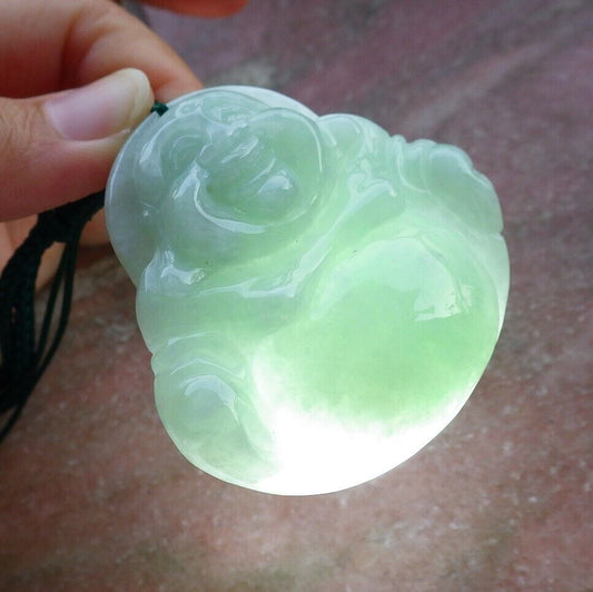 Certified Green Burma 100% Natural A Jade jadeite pendant Happy Buddha God Necklace 开心佛 525627  TN