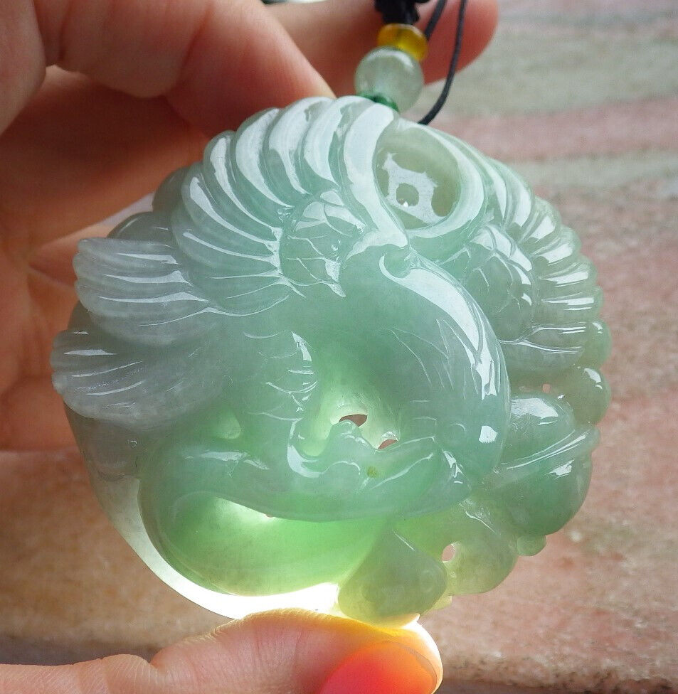 Certified Green Burma 100% Natural A Jade jadeite Pendant Eagle Snake Coin Necklace 大展宏图 633482  TN