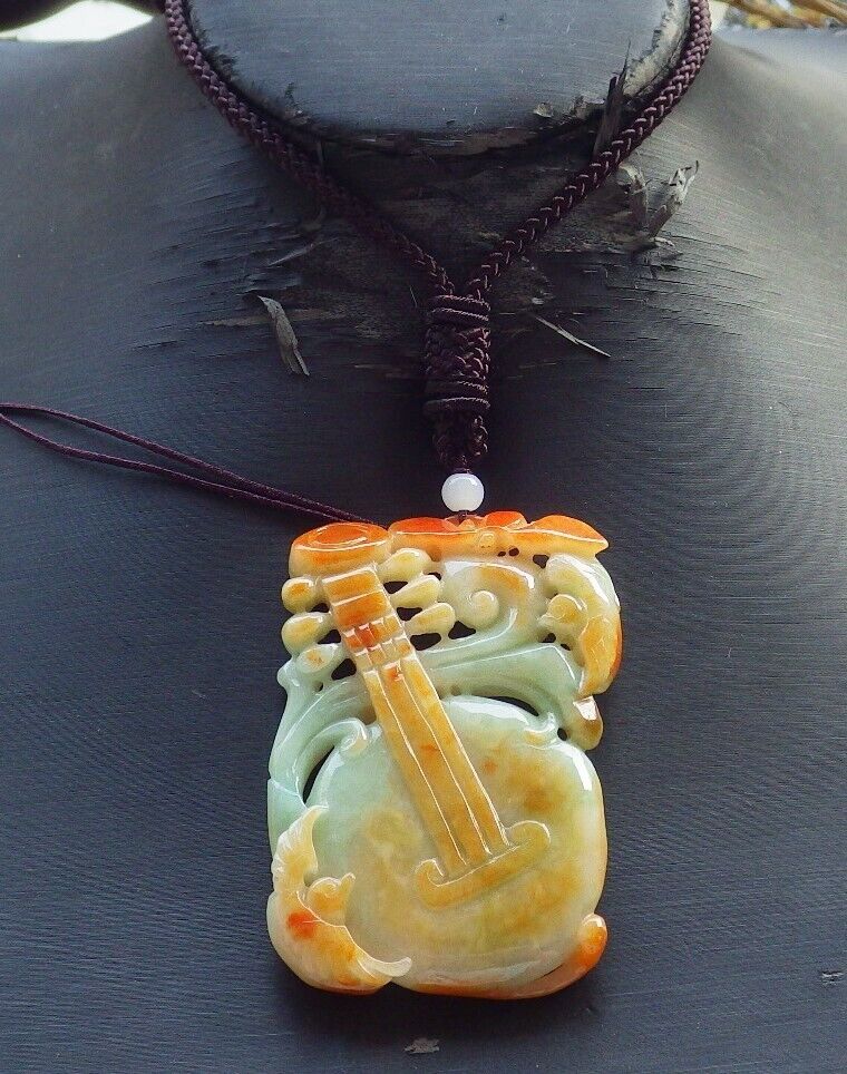 Certified Red Green Burma 100% Natural A Jade jadeite Pendant Bird Lotus Flower Guitar Necklace 吉他 575324 TN