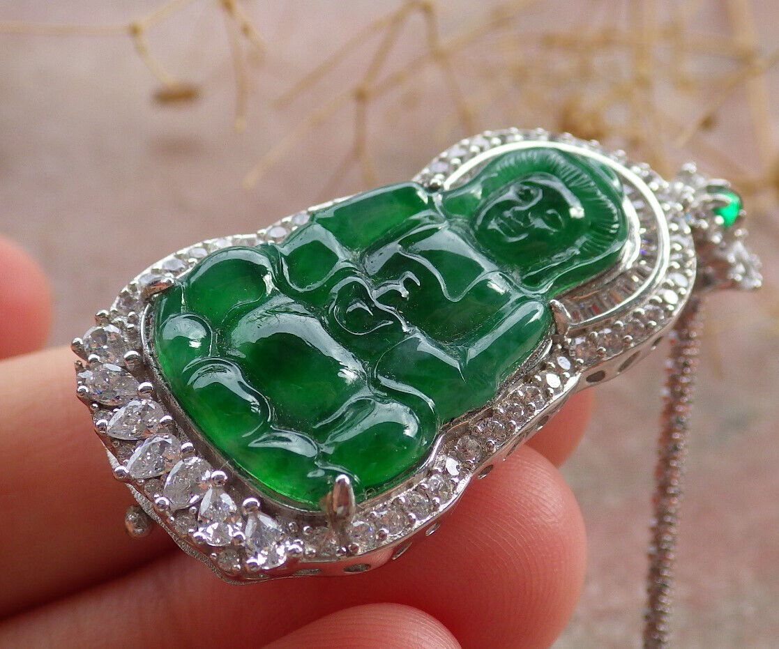 Sterling Silver 925 Certified Icy Green Burma 100% Natural A JADE Jadeite pendant Guanyin Kwan Yin Lotus Flower Necklace 观音 636112  TN