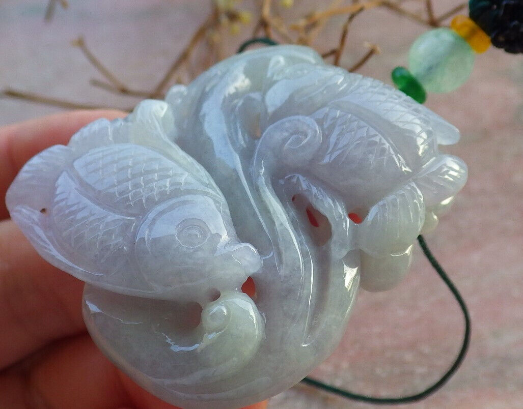 Certified Lavender Green Burma 100% Natural A Jade jadeite Pendant Fish Yuan Bao Necklace 年年有余 634285  TN