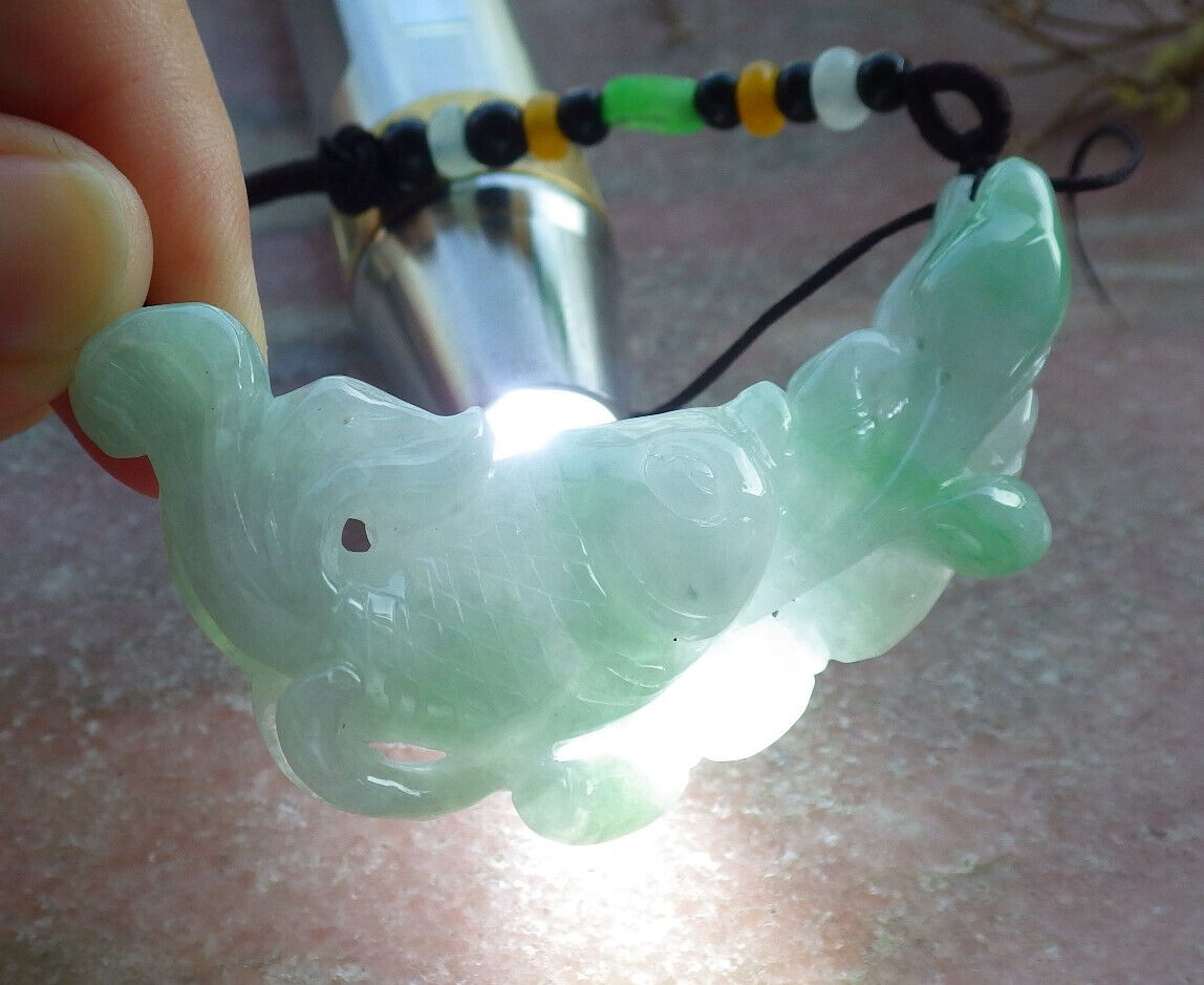Certified Green Pale Lavender Burma 100% Natural A Jade jadeite Pendant Fish Lotus Necklace 年年有余 633059  TN