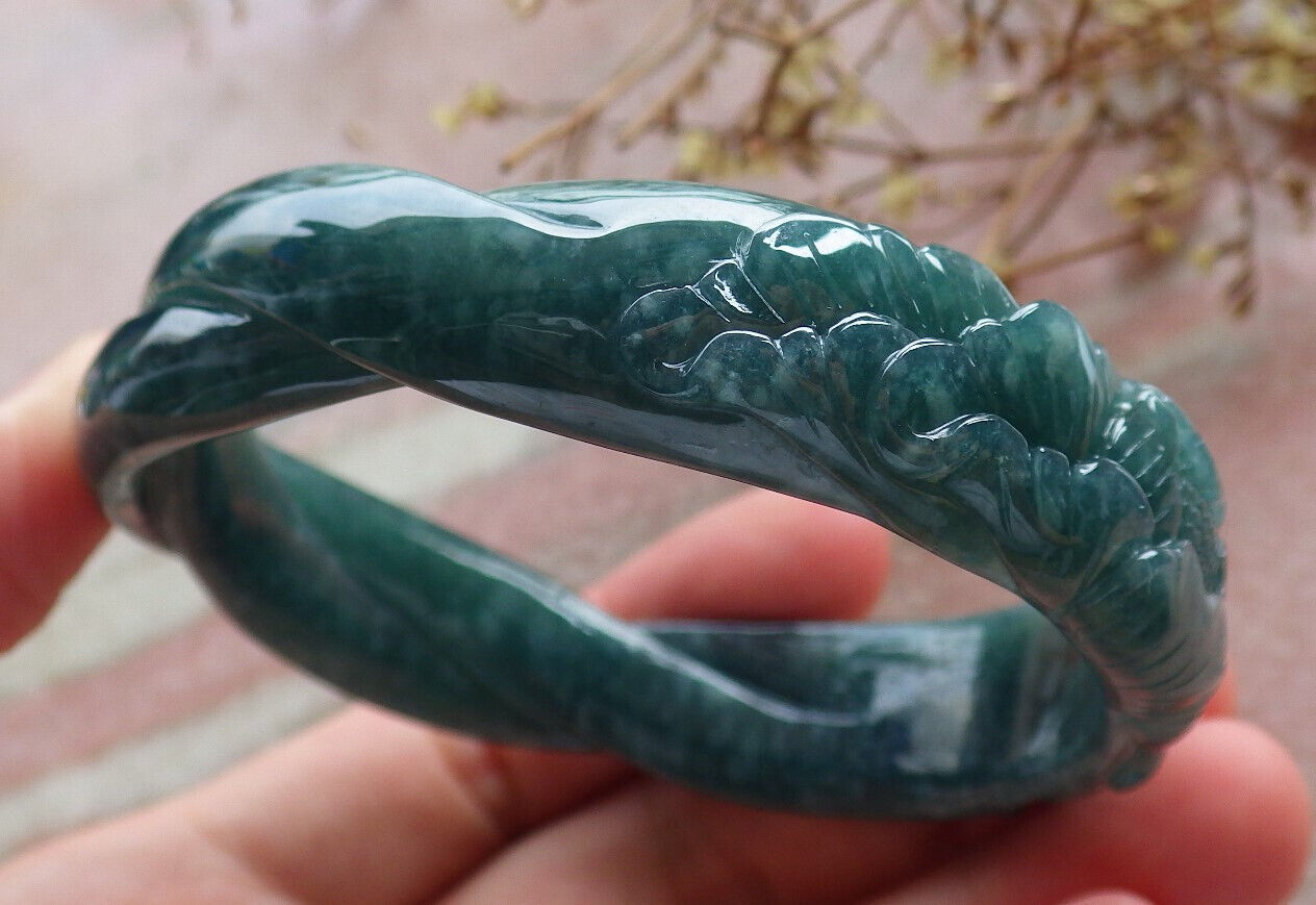 Certified Icy Blue Water Green Burma 100% Natural A JADE Jadeite Flower Knotted Bangle Bracelet 55 mm 手镯 633454  TN