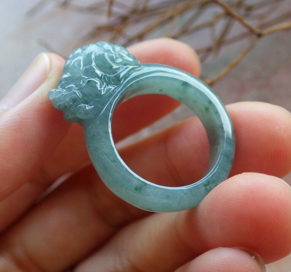Certified Icy Green 100% Natural A JADE Jadeite Dragon Pi Xiu RING USA. 6.5 风水貔貅戒指 530062  TN