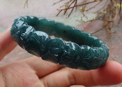 Certified Icy Blue Water Green Burma 100% Natural A JADE Jadeite Flower Bangle Bracelet 55 mm 635396  AS