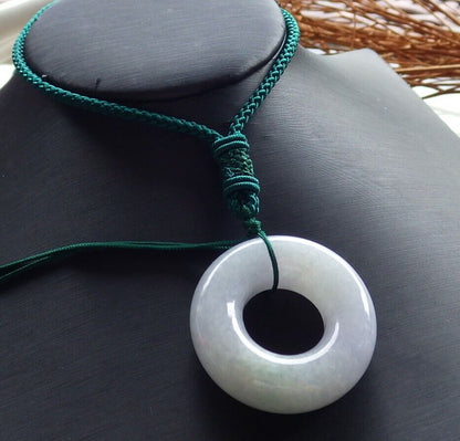 Certified Green Pale Lavender Burma 100% Natural A Jade jadeite Pendant Circle Donut Necklace 平安扣 525552  TN