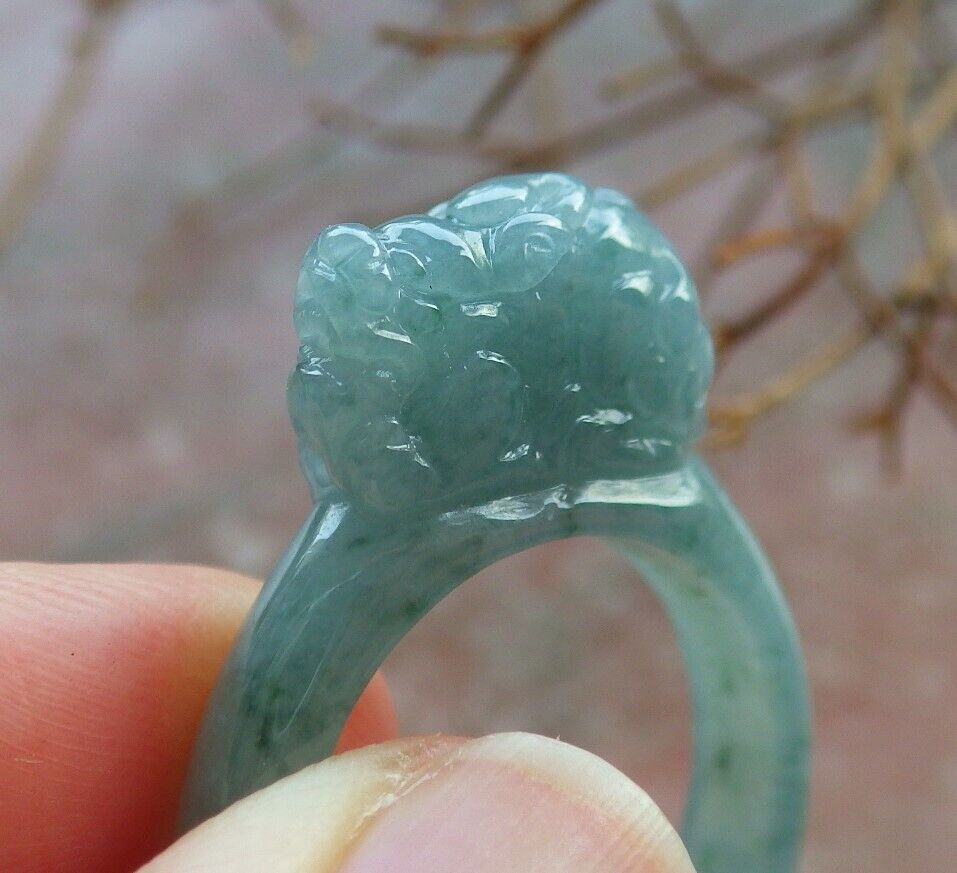 Certified Icy Green 100% Natural A JADE Jadeite Dragon Pi Xiu RING USA. 9 风水貔貅戒指 530081  TN