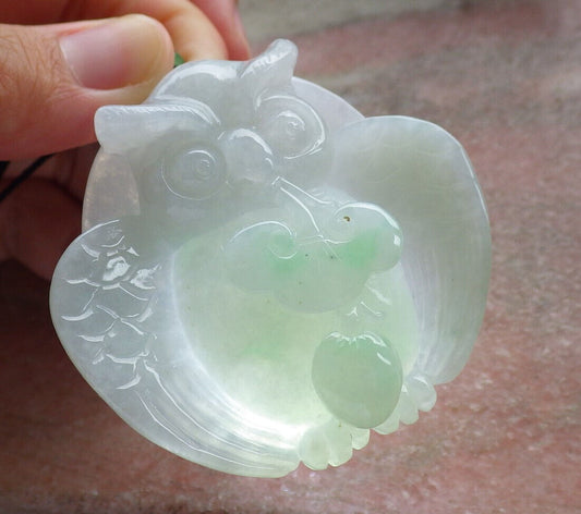Certified Green Burma 100% Natural A Jade jadeite Pendant Owl Ruyi Necklace 猫头鹰 633380  TN