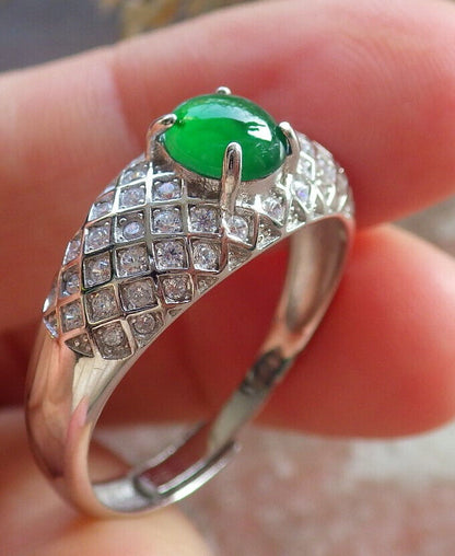 Certified Icy Green silver 0.925 Burma 100% Natural A JADE Jadeite Cabochon RING USA 10.75 戒指 645789 TN