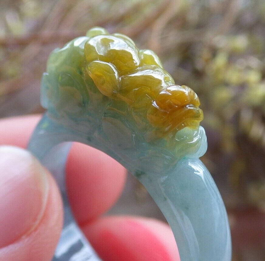 Certified Icy Yellow Green 100% Natural A JADE Jadeite Dragon Pi Xiu RING USA. 9.25 戒指 523838  TN