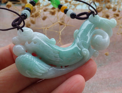 Certified Green Burma 100% Natural A Jade jadeite Pendant Dragon Phoenix Coin Necklace 龙凤 637014  TN