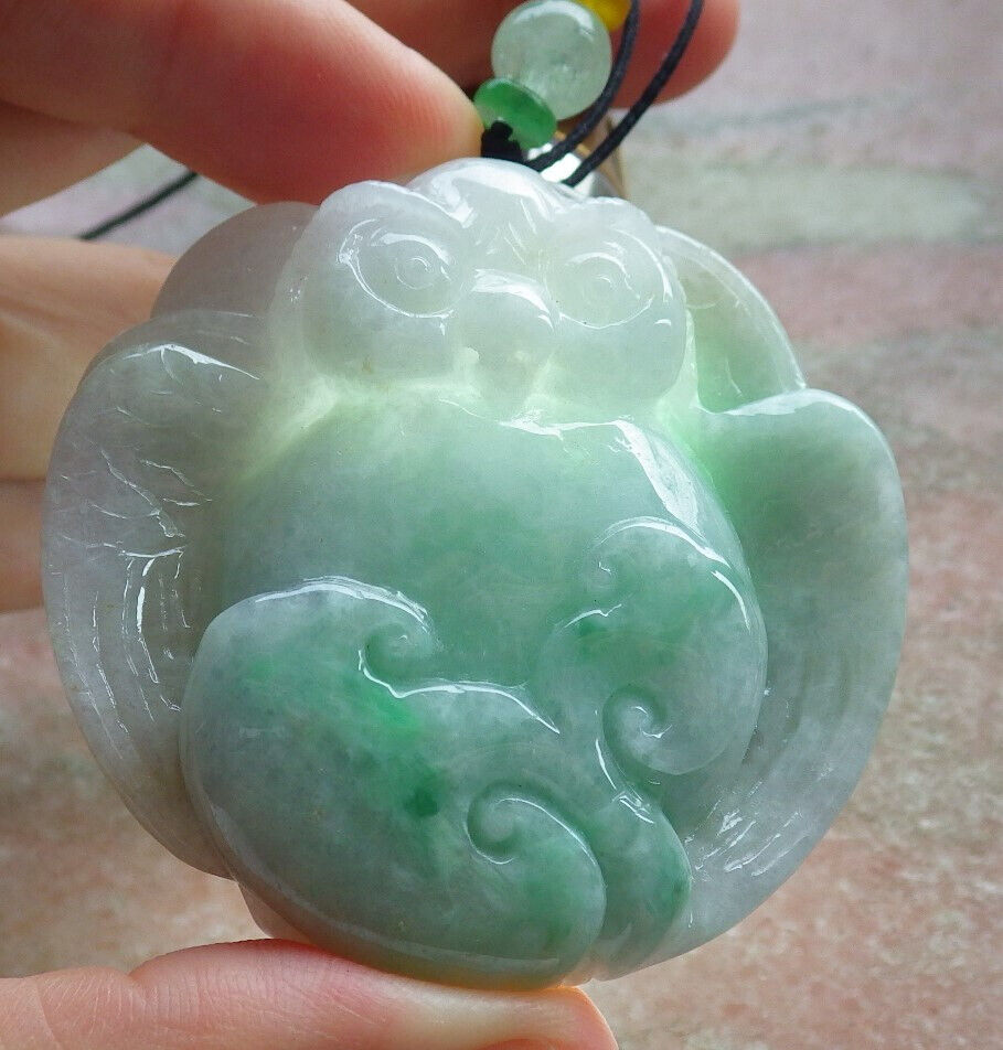 Certified Green Burma 100% Natural A Jade jadeite Pendant Owl Ruyi Coin Necklace 猫头鹰 633414  TN