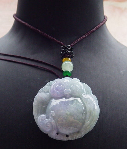 Certified Lavender Green Burma 100% Natural A Jade jadeite Pendant Owl Coin Ruyi Necklace 猫头鹰 632618  TN