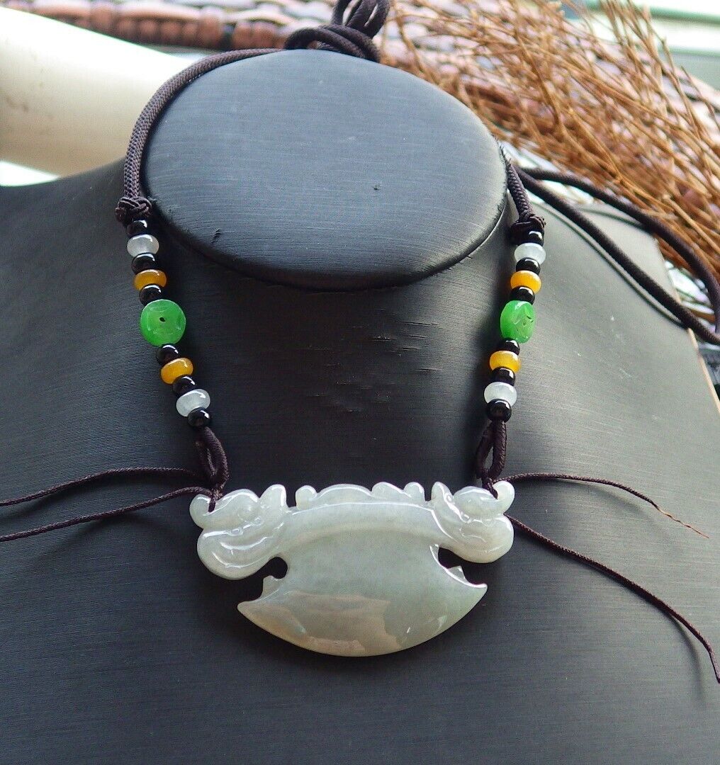 Certified Pale Lavender Green 100% Natural A Jade jadeite Pendant Dragon Axe Necklace 龙斧头 530047  TN