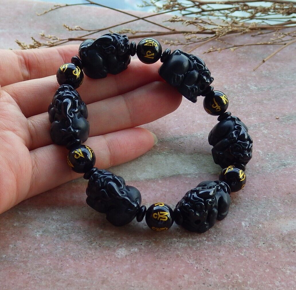 Certified Green Black Burma 100% Natural A JADE Jadeite Bead Beads Bangle Dragon Pi Xiu Coin Bracelet 墨翠风水貔貅手链 565180 TN