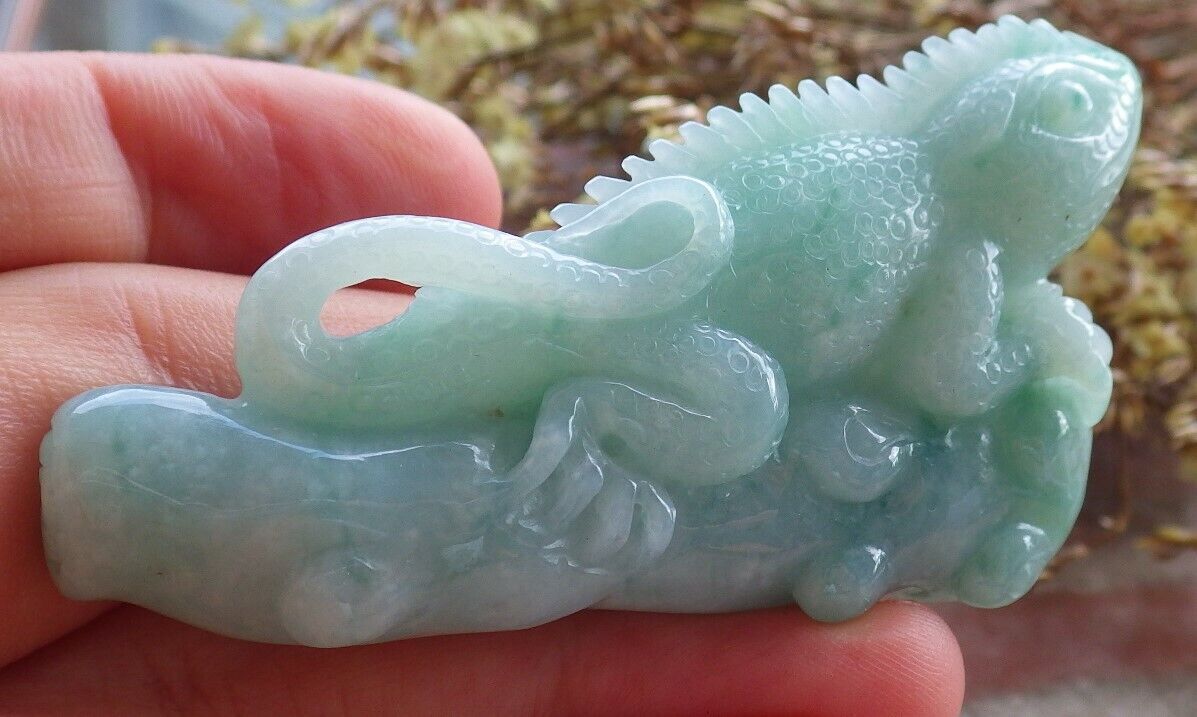 Certified Green 100% Natural A Jade jadeite Display Dragon Lizard Tree 龙蜥蜴 524125  TN
