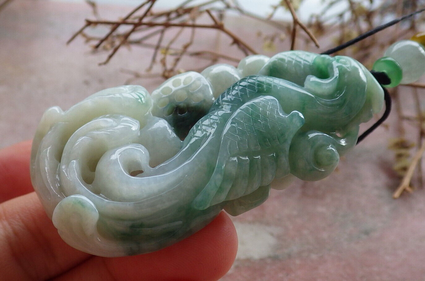 Certified Green Burma 100% Natural A Jade jadeite Pendant Phoenix Ruyi Coin Necklace 凤凰 635433  AS