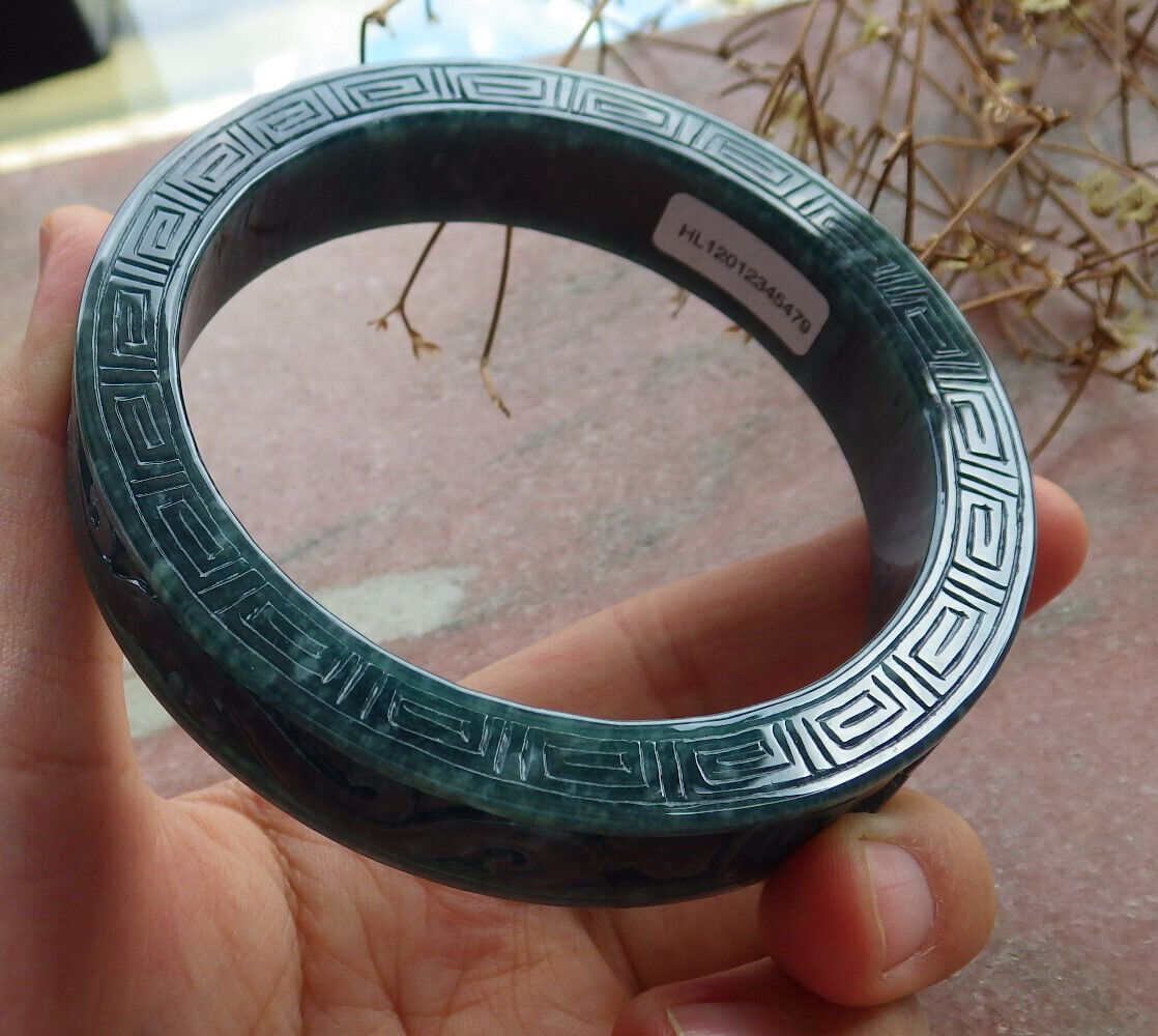 Certified Icy Green Burma 100% Natural A JADE Jadeite Dragon Phoenix Longevity Bangle Bracelet 67 mm 手镯 634443  TN