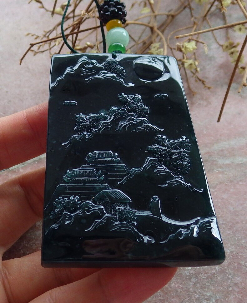 Atestita Glacia Blua Akvo Birmo 100% Natura A Jadejadeito Pendanta Pejzaĝa Pentrado Arba Koliero 山水画 634473 TN