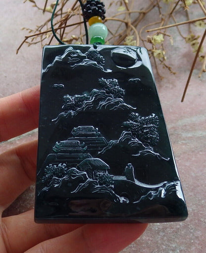 Atestita Glacia Blua Akvo Birmo 100% Natura A Jadejadeito Pendanta Pejzaĝa Pentrado Arba Koliero 山水画 634473 TN