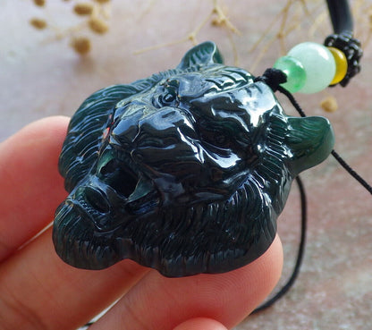 Certified Icy Blue Water Burma 100% Natural A Jade jadeite Pendant Tiger Necklace 虎虎生威 636028  TN