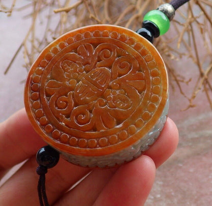 Certified Red Green 100% Natural A Jade jadeite Pendant Bat Longevity Ruyi Necklace 蝙蝠 523421  TN