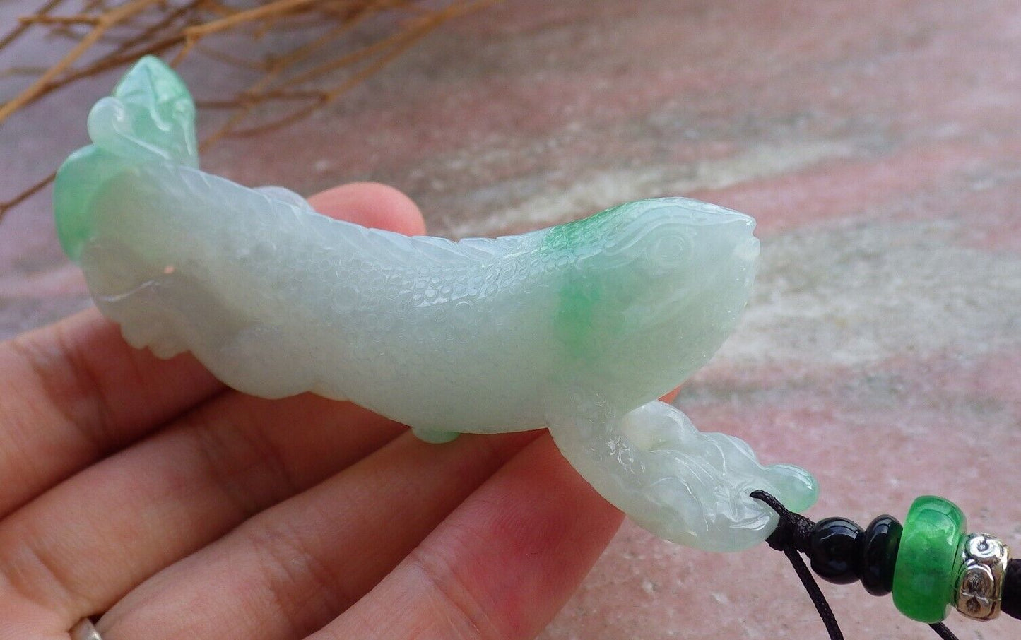 Certified Icy Green 100% Natural A Jade jadeite Pendant Dragon Lizard Lotus Flower Ruyi Necklace 龙蜥蜴 520903  TN