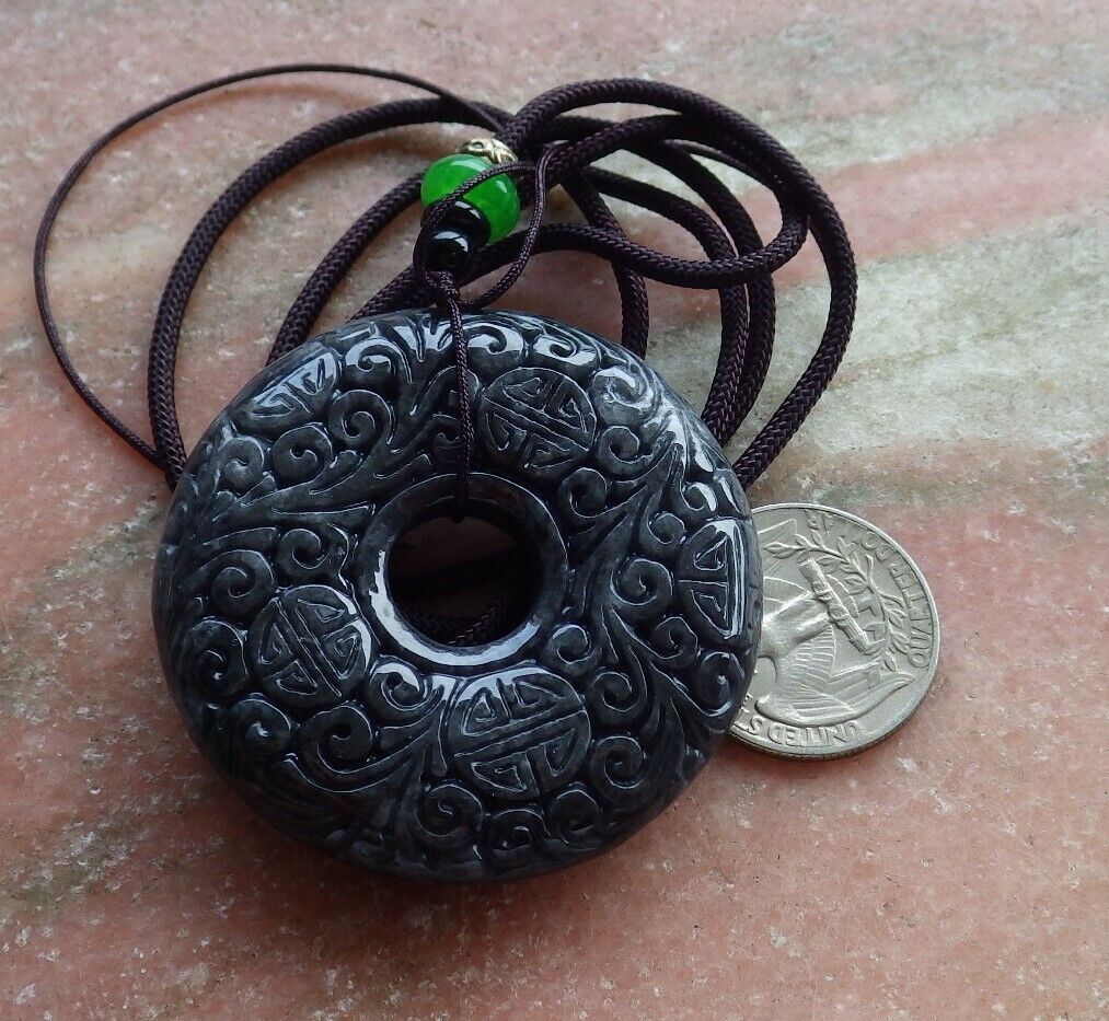 Certified Black 100% Natural A Jade jadeite pendant Longevity Lotus Flower Ruyi Circle Necklace 花平安扣 523920  TN