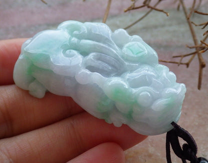 Certified Green Pale Lavender 100% Natural A Jade jadeite Pendant Dragon Pi Xiu Money Coin Ruyi Necklace 风水貔貅 529417 TN