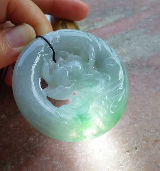 Certified Icy Green 100% Natural A Jade jadeite Pendant Lotus Flower Circle Necklace 花平安扣 521111  TN