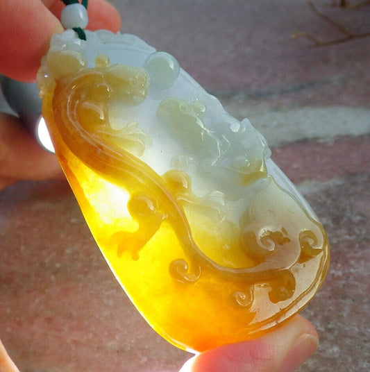 Certified Yellow Burma 100% Natural A Jade jadeite Pendant Dragon Pi Xiu Mouse Rat Ruyi Bead Necklace 风水貔貅 634137  TN