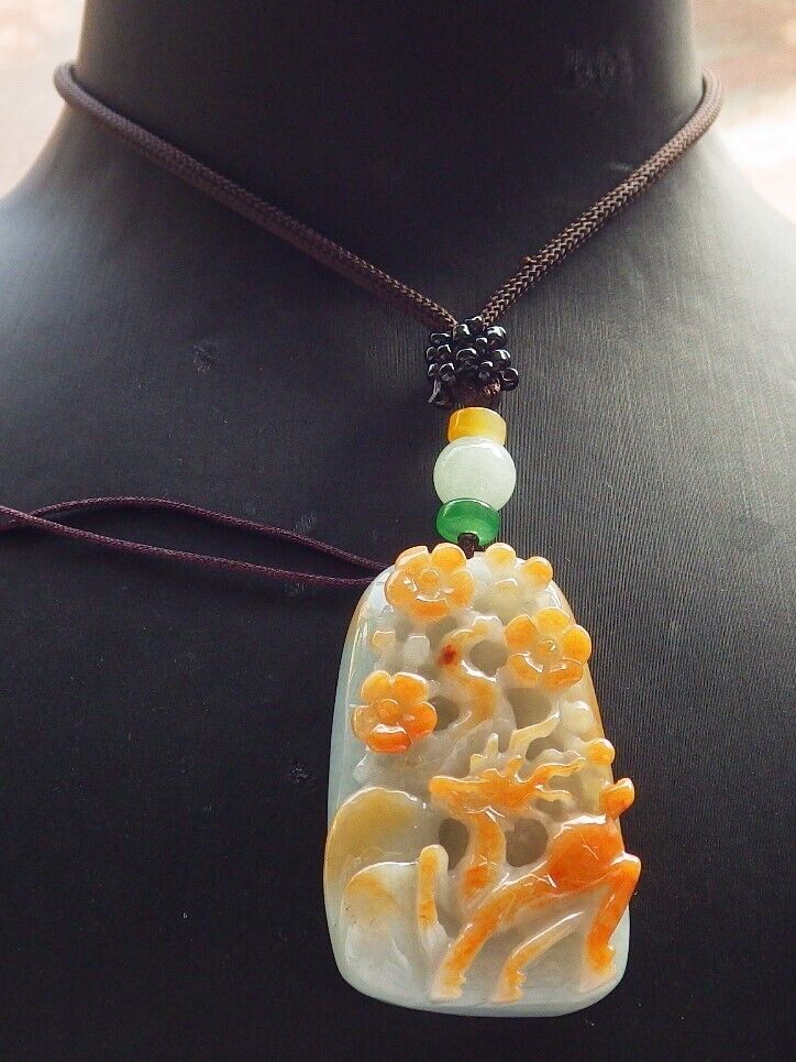 Certified Red Green Burma 100% Natural A Jade jadeite Pendant Deer Flower Necklace 梅花鹿 646488 TN