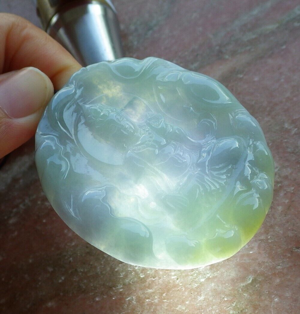 Certified Green Pale Lavender 100% Natural A Jade jadeite pendant Guanyin Kwan Yin Lotus Leaf Necklace 观音 523712  TN