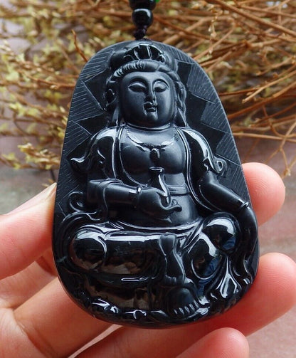 Certified Green Black 100% Natural A Jade jadeite pendant Guanyin Kwan Yin Lotus Flower Necklace 墨翠 观音 525096  TN