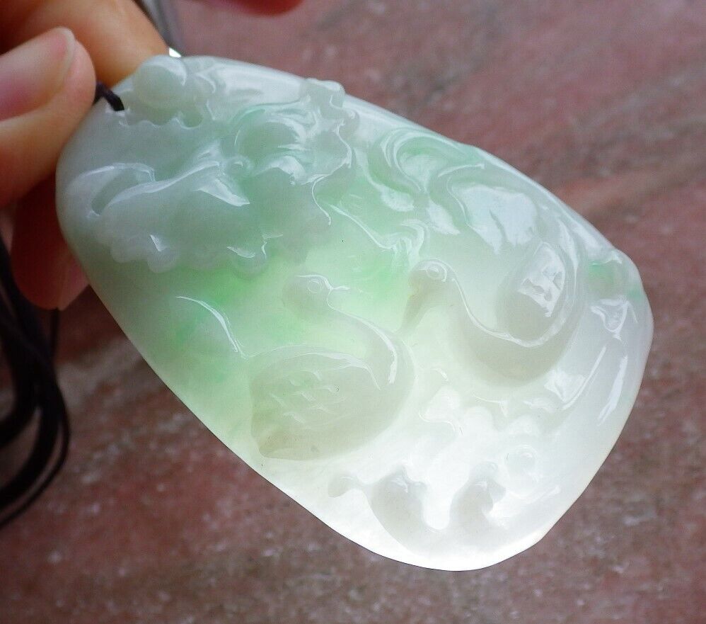 Certified Green 100% Natural A Jade jadeite Pendant Mandarin Duck Phoenix Lotus Leaf Necklace 鸳鸯 524651  TN