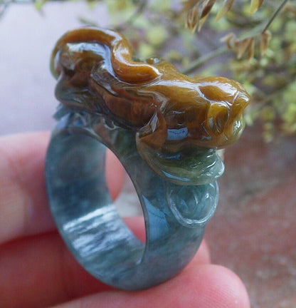 Certified Yellow Icy Green Burma 100% Natural A JADE Jadeite Monkey Coin RING USA. 10 戒指 574078 TN